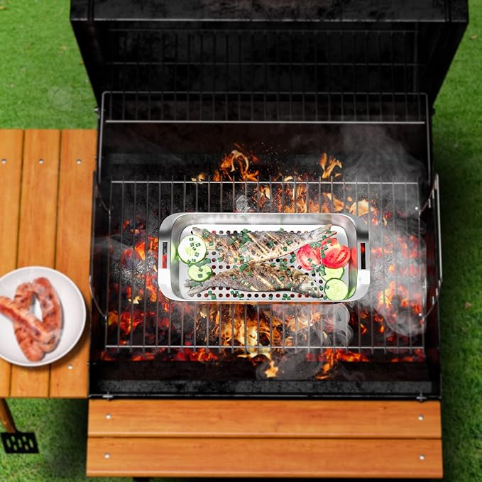 Grill Basket Set - BBQ Grill Tray with 3-Piece Grill Basket & Universal Handle, Heavy-Duty Stainless Steel, Dishwasher Safe, Rust-Resistant for Outdoor Cooking, Camping, Picnic, Gas, Charcoal Grills