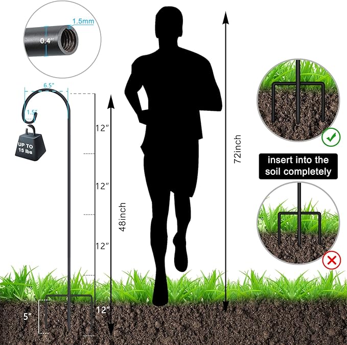 FEED GARDEN Adjustable 48 Inch Small Shepherd Hooks for Outdoor, Garden Hook for Lanterns, Shepard Hooks for Hanging Plants, Bird Feeders, Solar Lights, Mason Jars, Weddings Decor,2 Pack