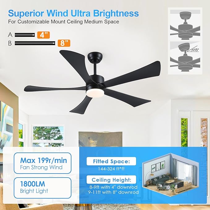 Ceiling Fans with Lights with Remote, Downrod, Bedroom Living Room (Black, 52 inch)