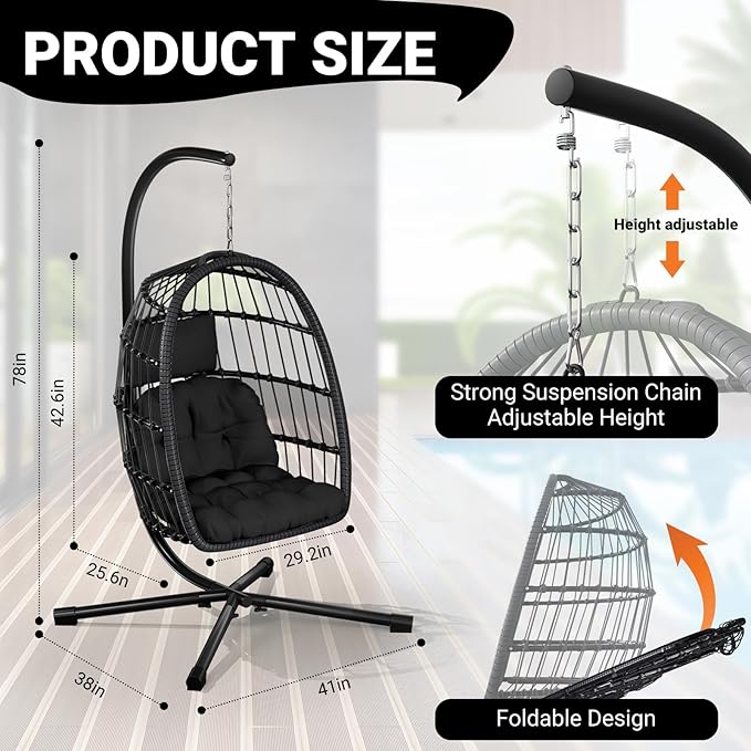 LEVELEVE Egg Chair with Stand,Patio Rattan Wicker Hanging Swing Egg Chair Hammock Chair for Bedroom Porch Garden,Thickened Aluminum Alloy Steel Frame and UV Resistant Cushion,350LBS Capacity