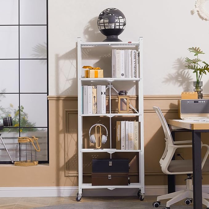 DEANIC 5-Shelf Folding Bookcase with Wheels, Rolling Bookshelf Heavy Duty Storage Shelves, Freestanding Metal Wire Shelving Unit for Living Room, Office, Kitchen, Basement, Pantry (White)