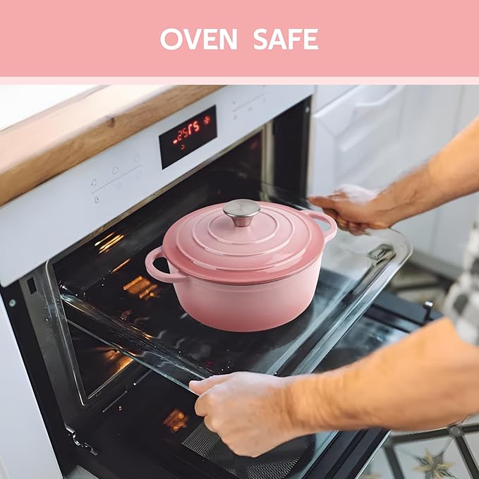 4.5 Quart Dutch Oven Enameled Cast Iron with Lid - Big Dual Handles - Oven Safe up to 500°F - Classic Round Pot for Versatile Cooking Pink