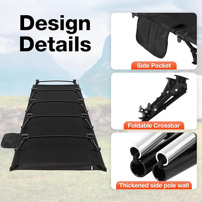 FAHKNS Lightweight Camping Cot, Ultralight Folding Bed for Camping, Hiking, Travel, Portable Compact for Outdoor Travel， Black