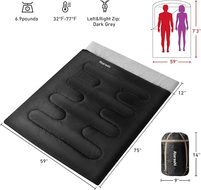 Atarashi Camping Sleeping Bag- 4 Seasons for Adults, Light, Warm, Extra-Large with Compression Sack- Great for Hiking, Backpacking & Outdoor Adventures