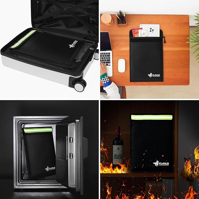 FLASLD Fireproof Document & Money Bags, Large Fireproof & Water Resistant Bag, Fireproof Folder Safe Bag for Cash, Valuables & Passport, with Silicone Coating & Zipper Closure (Document Bag-15x11”)
