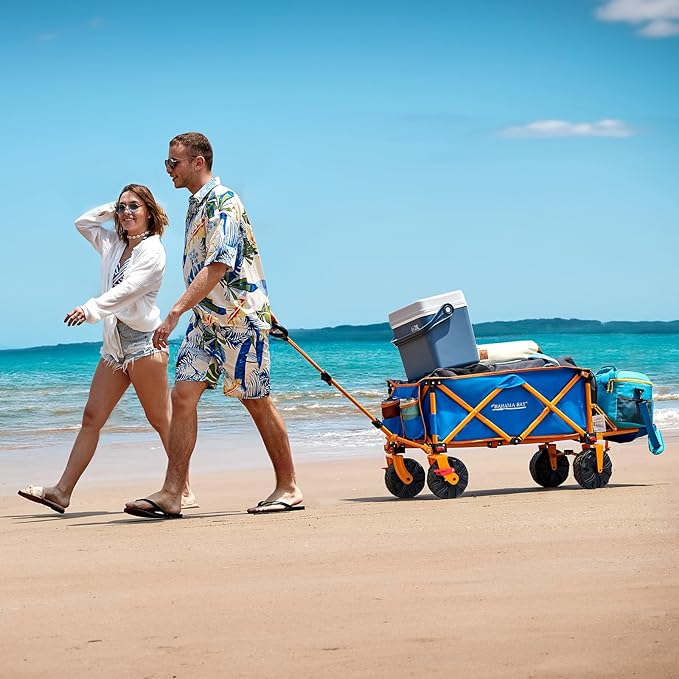 49" L Extra Long Beach Wagon with Tailgate,Big Wheels with Brake for Sand, Collapsible Utility Beach Cart Heavy Duty Folding Wagon,Ideal for Outdoor Sand Camping Garden Pet