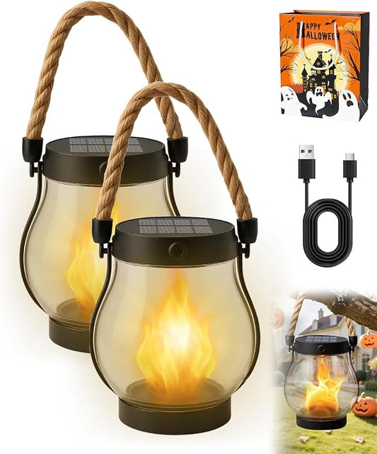 Solar Lantern Outdoor lamp - Waterproof Type Solar Flame lamp Can be Hung and Features Dancing Flames. Hemp Rope Suspended Flame Lantern, Dual Charging Mode, Smoke-Free (2PC)