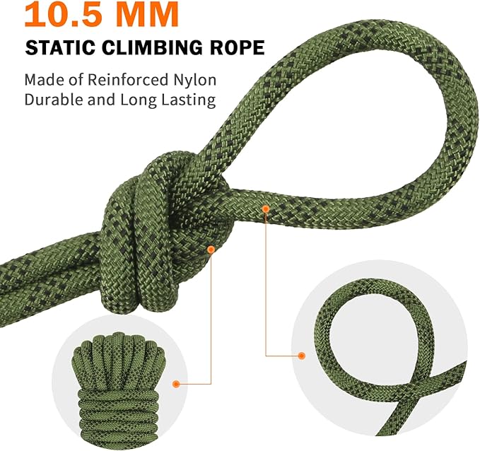 AOLEBA 10.5 mm Static Climbing Rope 10M(32ft) 20M(64ft) 30M(96ft) 50M(160ft) 70M(230ft) Outdoor Rock Climbing Rope, Escape Rope Ice Climbing Equipment Fire Rescue Parachute Rope