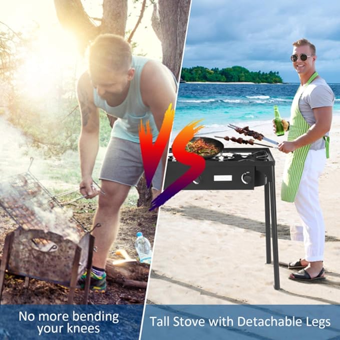 Happygrill Camping Stove Outdoor, High Pressure 3 Burner Propane Gas Camp Stove w/Detachable Legs, 225,000-BTU Output, 0-20 PSI Regulator, Portable Camping Burner Picnic Cookout