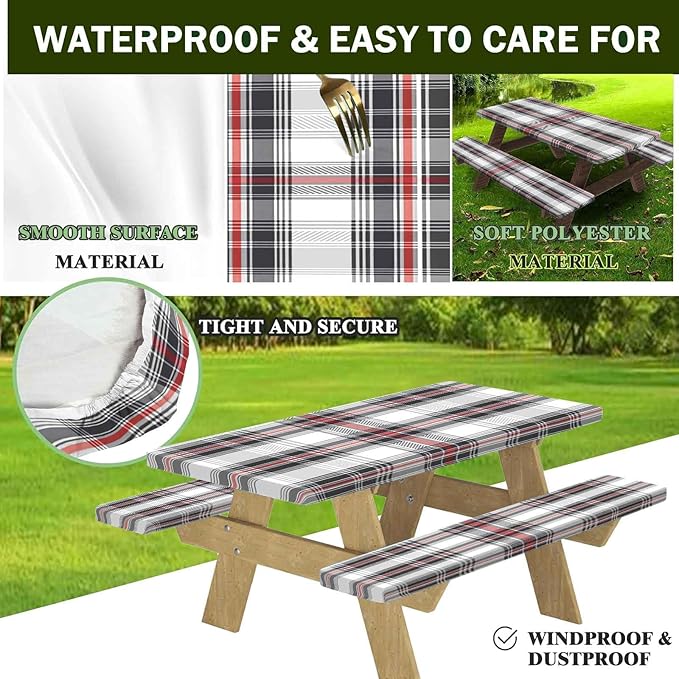 CAPSCEOLL Fitted Picnic Table Cover with Bench Covers with Elastic 8Ft Waterproof Camping Picnic Table Cover Cloths for Outdoors Camping Tablecloth with Drawstring Bag, 96X30in, Grey Red