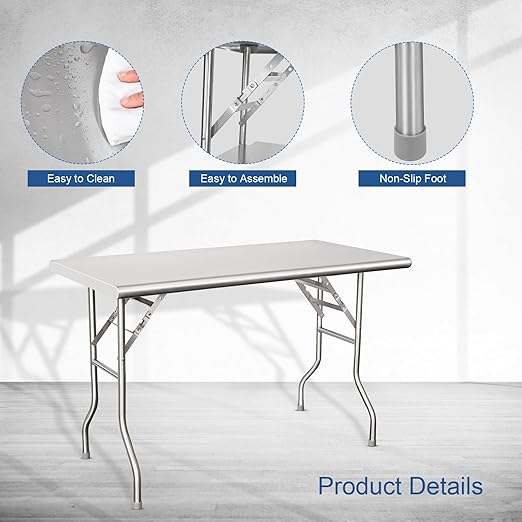 HARDURA Folding Stainless Steel Table 24X48 Inches with Legs NSF Commercial Portable Folding Prep Table for Restaurant Kitchen Home and Hotel