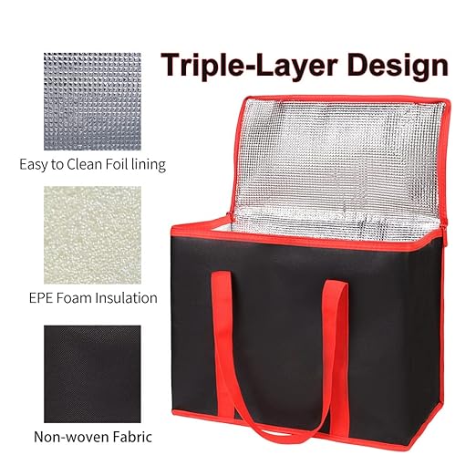 Bodaon 5-Pack Cooler Insulated Food Delivery Bag for Doordash/Uber Eats, XXX-Large Thermal Bags for Catering/Hot Pizza, Travel/Camping Essentials/Picnic/Grocery Reusable Warmer Frozen, Black-Red Edge