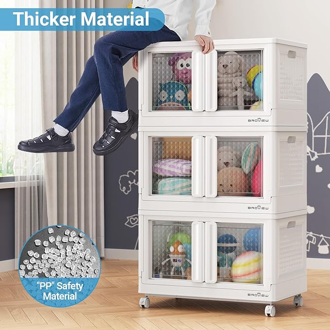 400Qt Stackable Storage Bins with Lids, 100Gal Closet Organizers and Storage Drawer, Plastic Collapsible Storage Bins with Doors, Heavy Duty Store Box Cabinet for Home Kitchen, 4Pack White