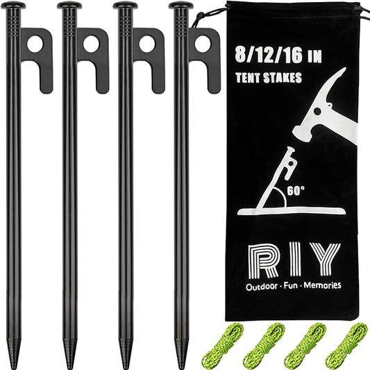 4 Pack Tent Stakes Heavy Duty Metal Tent Pegs for Camping Steel Tent Stakes 8 inch Unbreakable and Inflexible Black