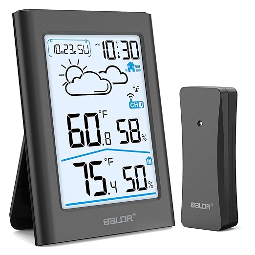BALDR Weather Stations Wireless Indoor Outdoor,4.5 Inch Display Temperature and Humidity Monitor, Battery Weather Station with 330ft Range Sensor and Adjustable Backlight