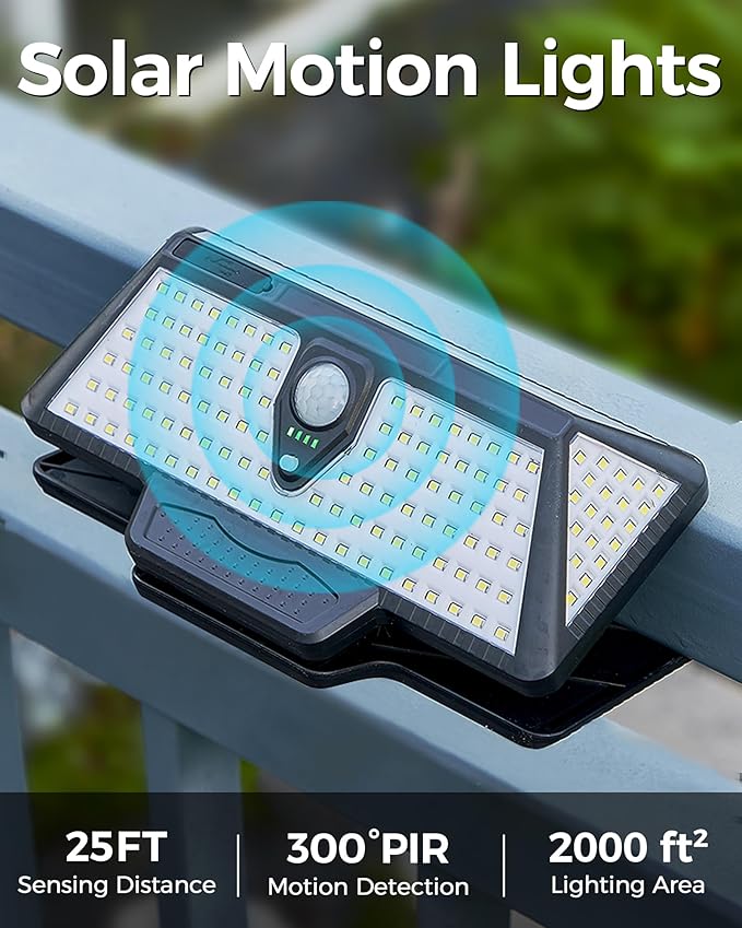208Leds Solar Lights Outdoor,Clip on Motion Sensor Outdoor Lights,6000K,1000LM High Bright Solar Powered Flood Light with 3 Mounting Ways for Bakcyard Fence Garage Camping