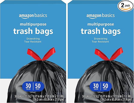 Amazon Basics Multipurpose Drawstring Trash Bags, 30 Gallon, 50 Count (Previously Solimo) (Pack of 2)