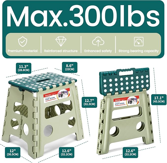 ACSTEP 13 Inch Folding Step Stool,Foldable Step Stools for Kids and Adults 300 LB Capacity, 300 LB Capacit Suitable for Kitchen Fishing,Green