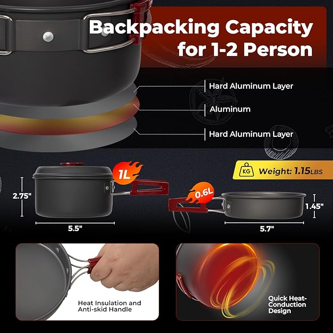 Bulin 24/13/11/8/4 PCS Camping Cookware Mess Kit Lightweight Backpacking Cooking Set Outdoor Cook Gear for Family Hiking, Picnic(Kettle, Pot, Frying Pan, Bowls, Plates, Spoon)