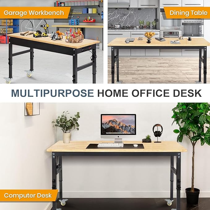 70'' Adjustable Workbench, Rubber Wood Top Work Bench Heavy-Duty Work Table with Socket, Wheels and Fixed Legs 2000 LBS Load Capacity Hardwood Sewing Table for Garage, Workshop, Home, Office