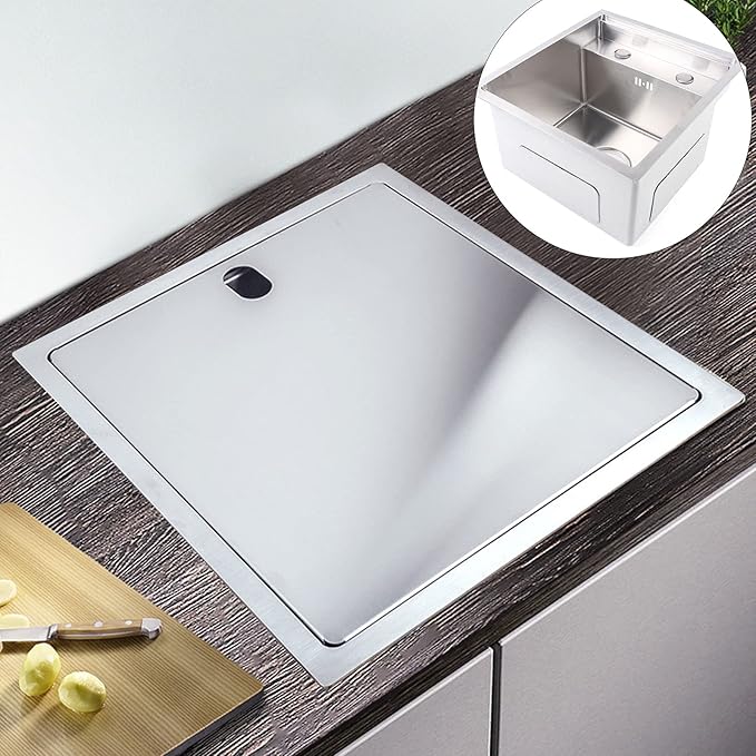 15-inch Hidden RV Bar Kitchen Sink with Folding Faucet, Cover, Drain Pipe and Strainer Full Set, Small Stainless Steel Sink for Workstation, RV, Prep Kitchen and Bar(Silver)