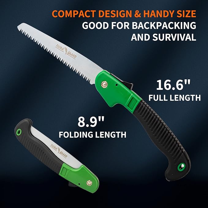 FLORA GUARD 7.7-Inch Folding Hand Saw, Pruning Saw with Trible-Cut Razor Teeth for Wood Cutting, Tree Trimming, Professional Camping Gardening Tools (Green)