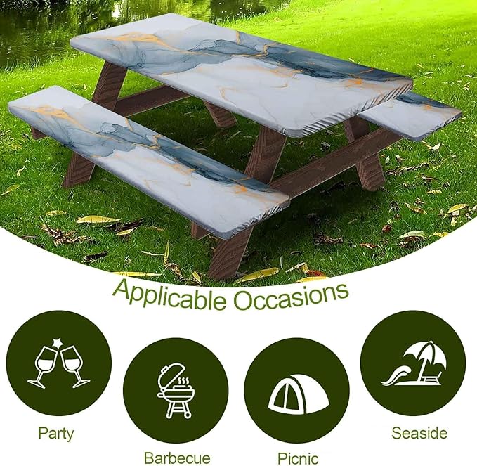 CAPSCEOLL Elastic Picnic Table Cover with Bench Covers 5Ft Waterproof Fitted Picnic Table Cover Cloths for Outdoors Camping Tablecloth with Drawstring Bag, 60X30in, Grey White Marble