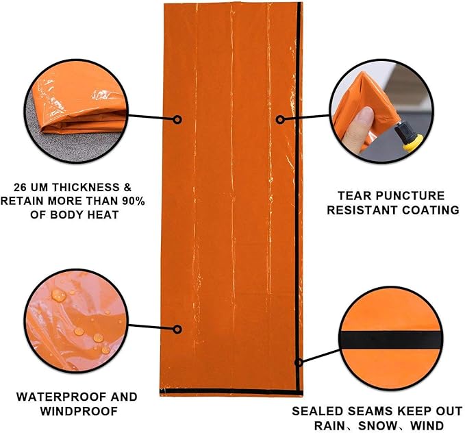 Delmera Emergency Sleeping Bag, Lightweight Survival Sleeping Bags Waterproof Thermal Emergency Blanket, Bivy Sack Survival Gear for Outdoor Adventure, Camping, Hiking, Orange, Green