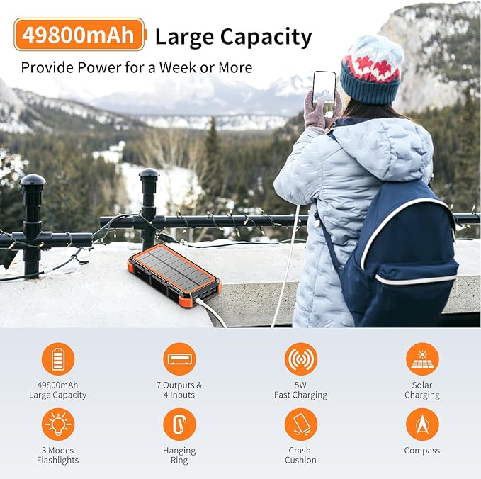 Solar Charger Power Bank 49800mAh Wireless Charger QC 3.0 Fast Charging Power Bank 8 Outputs 4 Inputs Solar Portable Charger Compatible with All Mobile Devices,SOS/Strobe/Strong Flashlights (orange)
