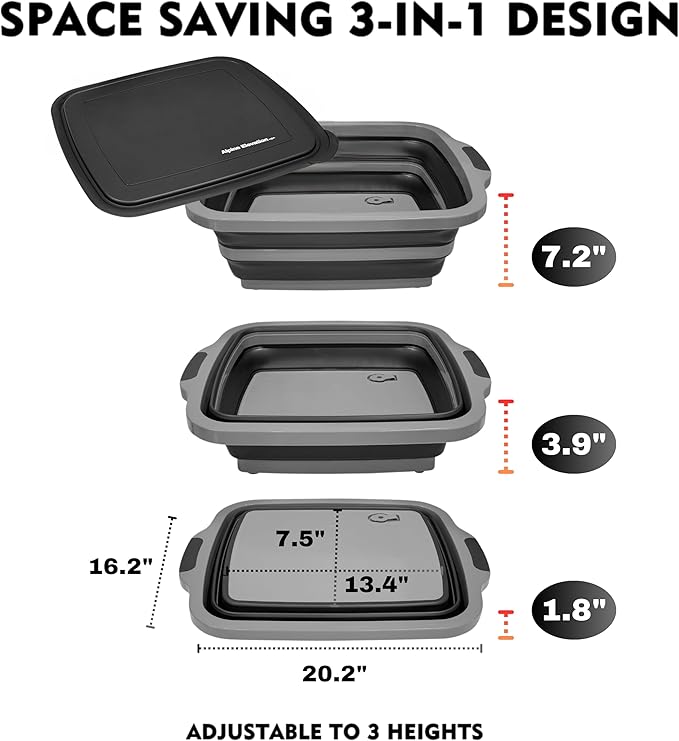 Collapsible X-Large (16L) BBQ Marinating Tub w/Cutting Board | Multipurpose Food-Grade TPE Prep Tub w/Lid | Built-In Colander & Drain Plug - For Camping | Tailgate | Picnic - Slate Black