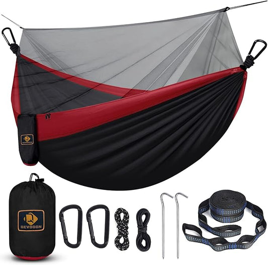 Camping Hammock with Net,Portable Lightweight Double Hammocks with Tree Straps and Solid D-Shape Carabiners,Parachute Nylon Hammock for Backpacking Beach Backyard Patio Hiking Black&Red