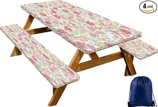 CAPSCEOLL Picnic Table Cover with Bench Covers 8Ft Waterproof Camping Tablecloth Elastic Table Protector with Drawstring Bag for Camping Essentials, 96X30In, Pink Flowers