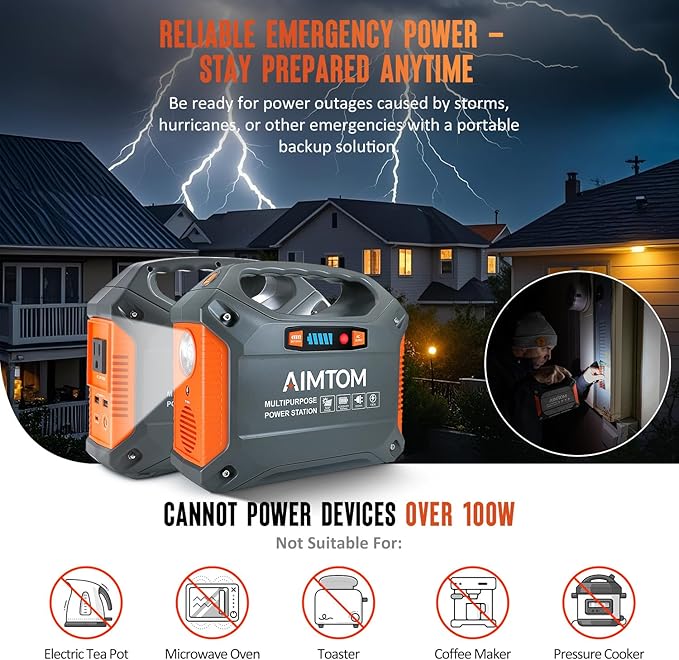 AIMTOM 155Wh Portable Power Station with 30W Solar Panel – 150W Peak/110V AC, 18W USB-C, 2x USB-A & 12V DC – Solar Generator for Camping, Home, RV, Travel & Emergencies