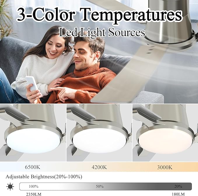52 Inch Ceiling Fans with Lights and Remote, Brushed Nickel Low Profile Ceiling Fan with Light,Reversible,Flush Mount,6 Speeds,3CCT Dimmable,for Bedroom,Living Room,Indoor Patio