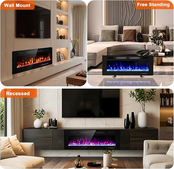 BREEZEHEAT 50 Inch Ultra Thin Electric Fireplace-Freestanding or Recessed Wall Mounted Fireplace Heater, Remote Control, Touch Screen, 750W/1500W, 8H Timer for Living Room, Bedroom, Office