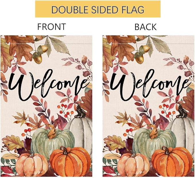 BLKWHT Fall Pumpkin Leaves Garden Flag 12x18 Vertical Double Sided Welcome Autumn Thanksgiving Holiday Outside Decorations Burlap Yard Flag BW823