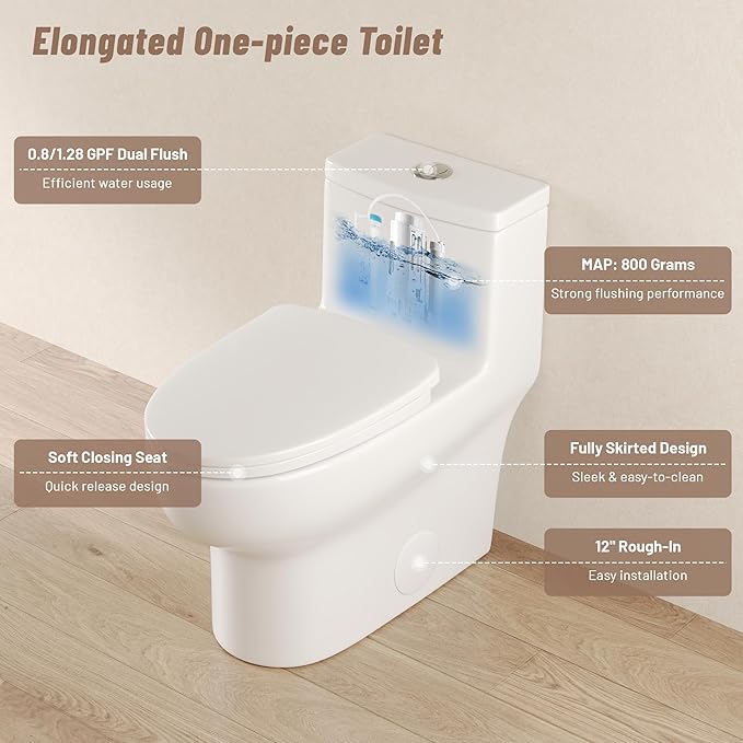 Deer Valley Elongated Toilet with Comfort ADA Seat Height, Modern One Piece Toilet for Bathroom, White Dual Powerful Flush DV-1F026Pro, 12" Rough-In