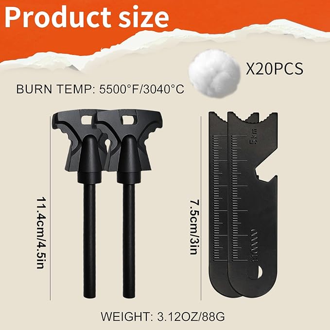 2PCS Magnesium Fire Starter with Striker, High Temp Magnesium Rod, Fire Starters for Survival Fire Steel Fero Rod, for Camping, Hiking and Emergency