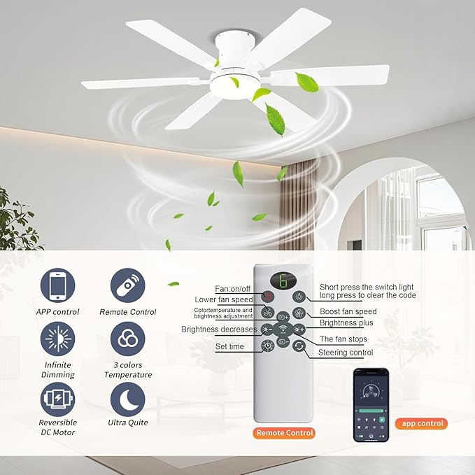 52inch Low Profile Ceiling Fan with Light and Remote/APP Control, LED Dimmable DC ReversibleModern, Flush Mount,6 Blade,White Ceiling Fan for Bedroom Living Room/Outdoor Use
