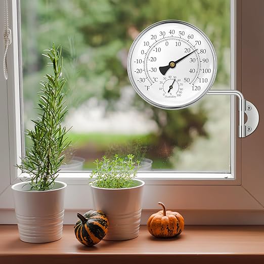 4" Swivel Thermometer Outdoor Thermometer, Decorative Weather Thermometer Hygrometer for Kitchen Window, Patio, Greenhouse and Garage (Silver)