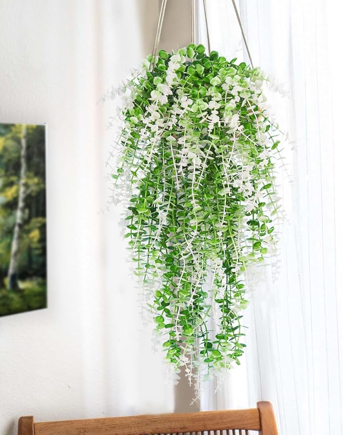 Fake Monkey Plants Hanging Eucalyptus Vines Fake Vines Faux Hanging Plants for Outdoor Garden Yard Backdrop Decor Indoor Room Table Wall Home Hanging Decoration(White)