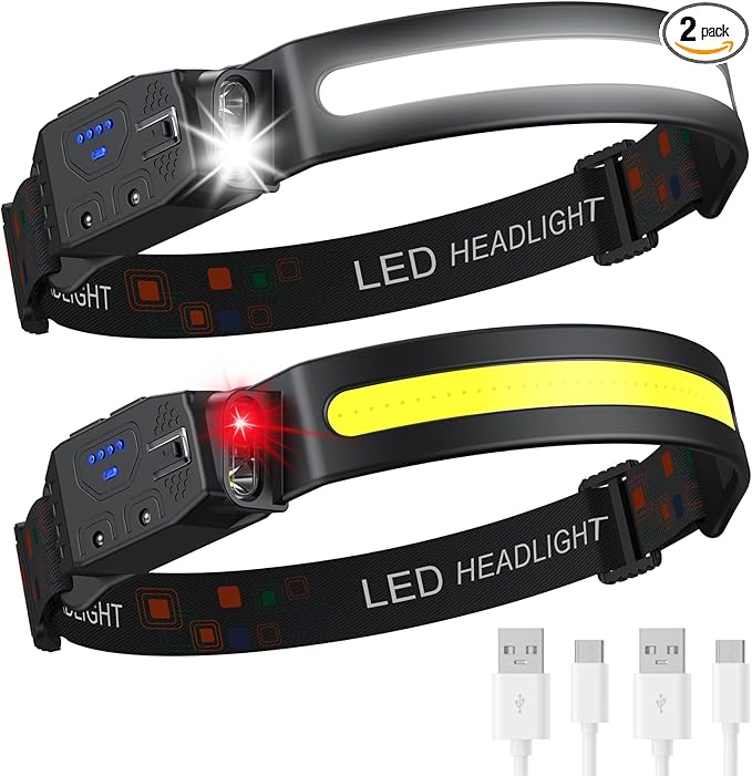 Headlamp Rechargeable 2PCS, 230° Wide Beam High Lumen LED Head Lamp for Adults, Motion Sensor Hard Hat Head Lights for Forehead,6Mode Headlight Flashlight for Camping Fishing Hiking Gear