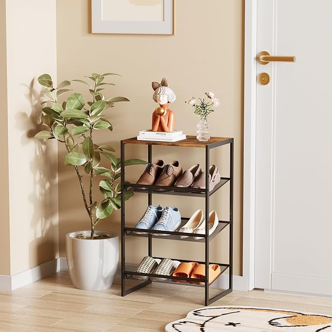 Garden 4 you 4 Tiers Narrow Shoe Rack,Small Space Freestanding Shoe Storage Organizer with Brown Wooden Tabletop,Adjustable Metal Shelf Stackable Shoe Shelf for Entryway Hallway Living Room Closet