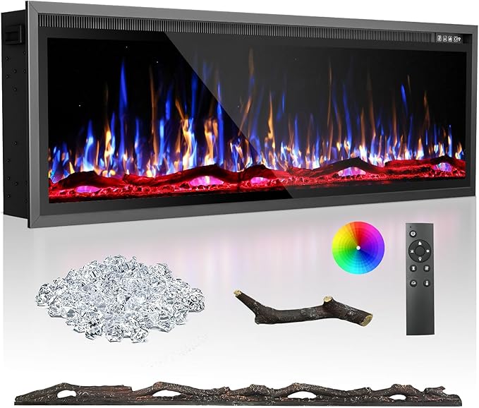BREEZEHEAT 60 Inch Electric Fireplace-Recessed & Wall Mounted Linear Fireplace-750/1500W Heater w/Temperature Control, Log & Crystal Options, Adjustable Flame, Remote Control