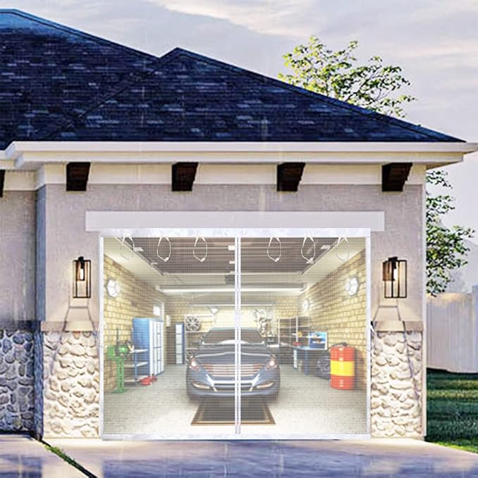 Garage Door Screen for 1 Car Garage 9x7FT White, Magnetic Screen Door 9x7 FT Garage/Patio/Porch/Balcony with Retractable Fiberglass Mesh & Heavy Duty Weighted Bottom, Hands Free, Easy Assembly