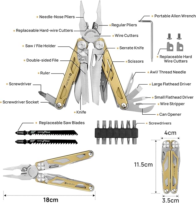 BIBURY Multitool Pliers Pro BI2045, 31-in-1 Stainless Steel Multi Tool with Replaceable Wire Cutters and Saw, Foldable Heavy-duty Multitool Set with Scissors and Screwdriver for Hiking Camping Repair