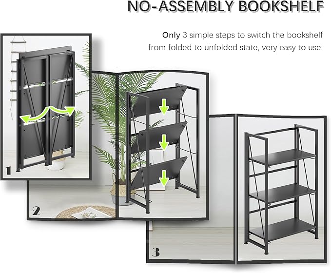 4NM No-Assembly Folding Bookshelf Storage Shelves 3 Tiers Vintage Bookcase Standing Racks Study Organizer Home Office (All Black)