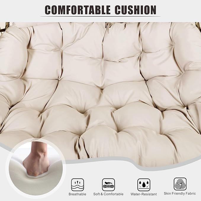 Double Hanging Egg Chair wth Stand, Patio Hammock Swing Chair with Cushion Loveseat for Bedroom, Balcony, Garden, Indoor, Outdoor, Beige