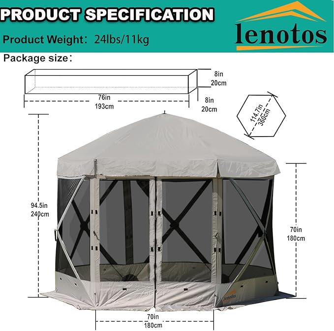 Pop Up Screen Tent, 12'x12' Windproof & UV Protection Sun Shelter, Portable Instant Setup, 6-Sided Screen Tent for Picnic, Camping, Backyard, Outdoor (Grey)