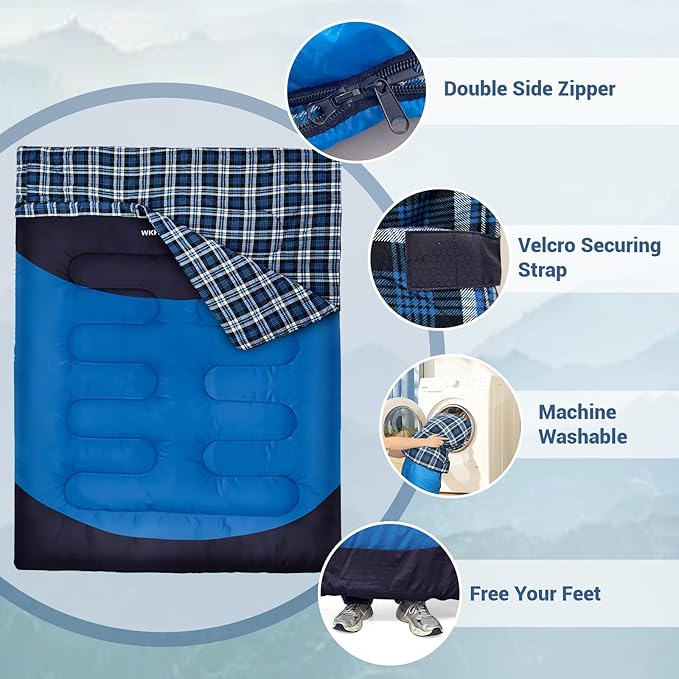 Double Sleeping Bag for Adults Machine Washable 2 Person Camping Sleeping Bag Queen Size Waterproof with Compression Sack for Cold Weather 3-4 Seasons